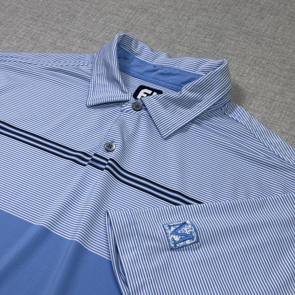 FootJoy Mediterra Golf Club Polo Shirt Mens L Blue Striped Polyester Spandex